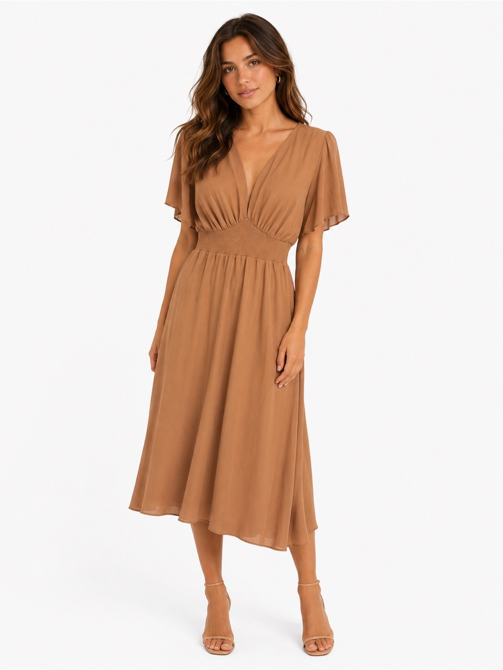 Baltic Born Sarah Smocked Waist Midi Dress Large Short Flutter Sleeve